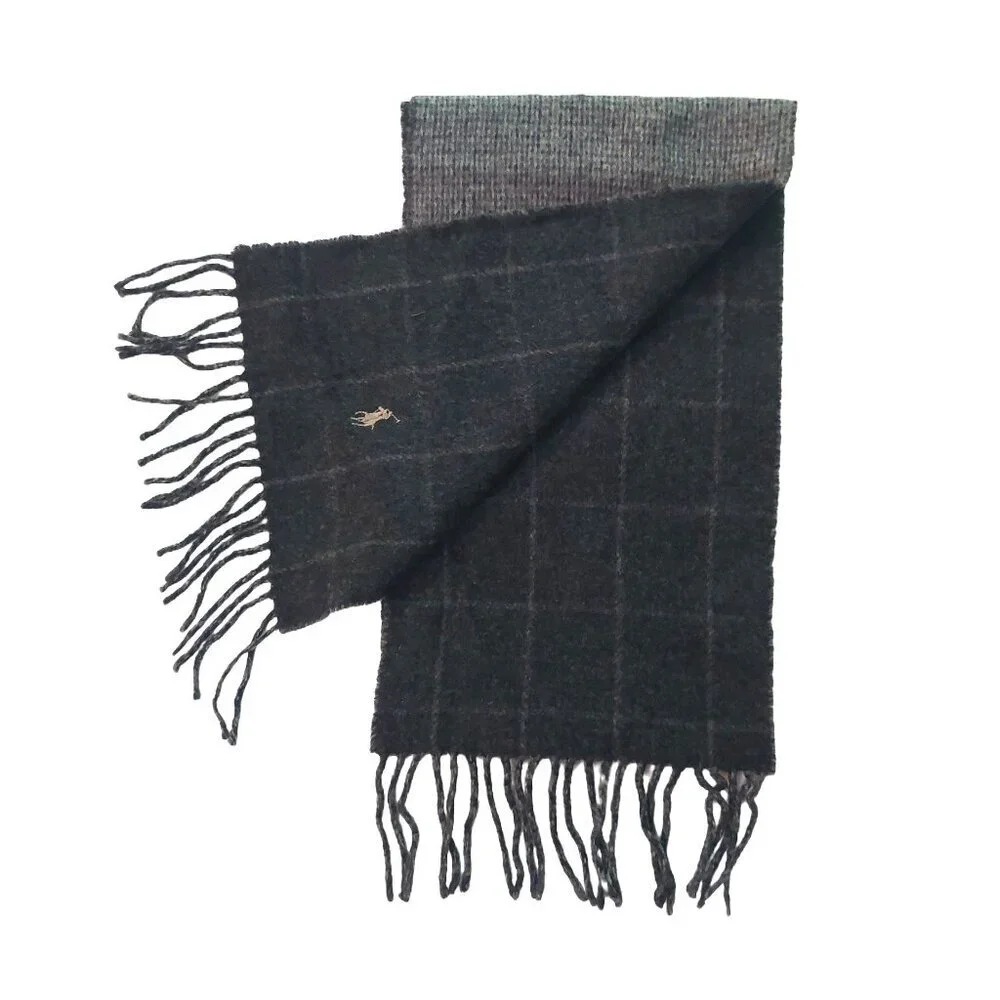 POLO Ralph Lauren Black Window Pane Gray Tweed Reversible Scarf Embroidered Logo